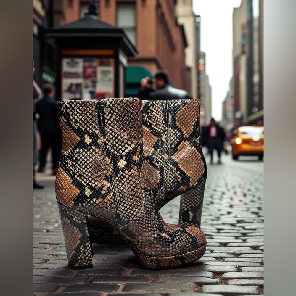 Vince Camuto Snake Print Heeled Boots - Brown and Black